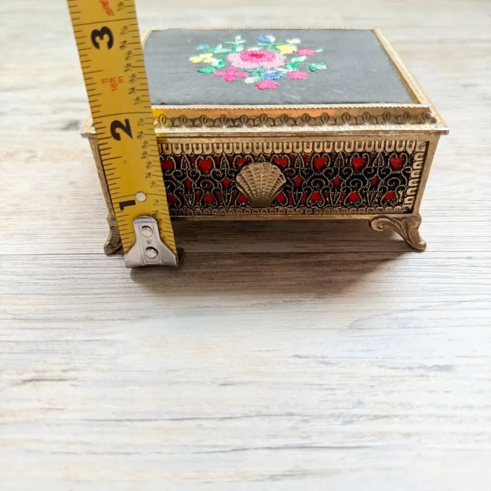 Vintage Jewelry Box Music Brass Floral Embroidered Sankyo Gold Tone Red Velvet